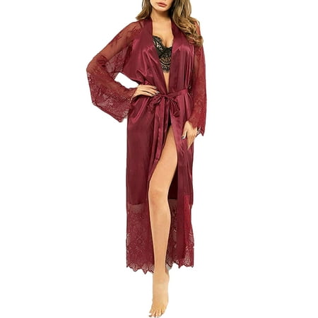 

Nokpsedcb Women Lace Trim Satin Kimono Robe Belted Bathrobe
