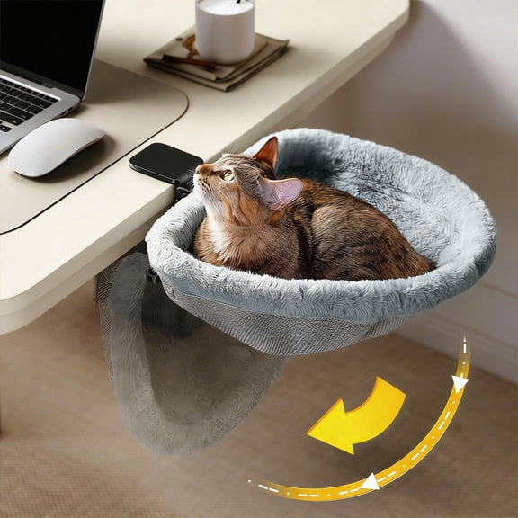 iFCOW Cat Desk Bed, One-Click Folding, Sunken Design, Semi-Circular Cat Bed Space-Saving, Soft Faux Rabbit Fur Cover Suitable for Various Desktops, Hold Up to 40lb