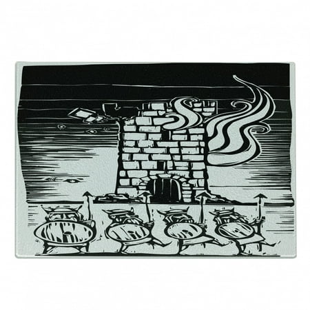 

Castle Cutting Board Monochrome Woodcut Style Viking Tower on Fire Flames Barbarian Illustration Decorative Tempered Glass Cutting and Serving Board in 3 Sizes by Ambesonne