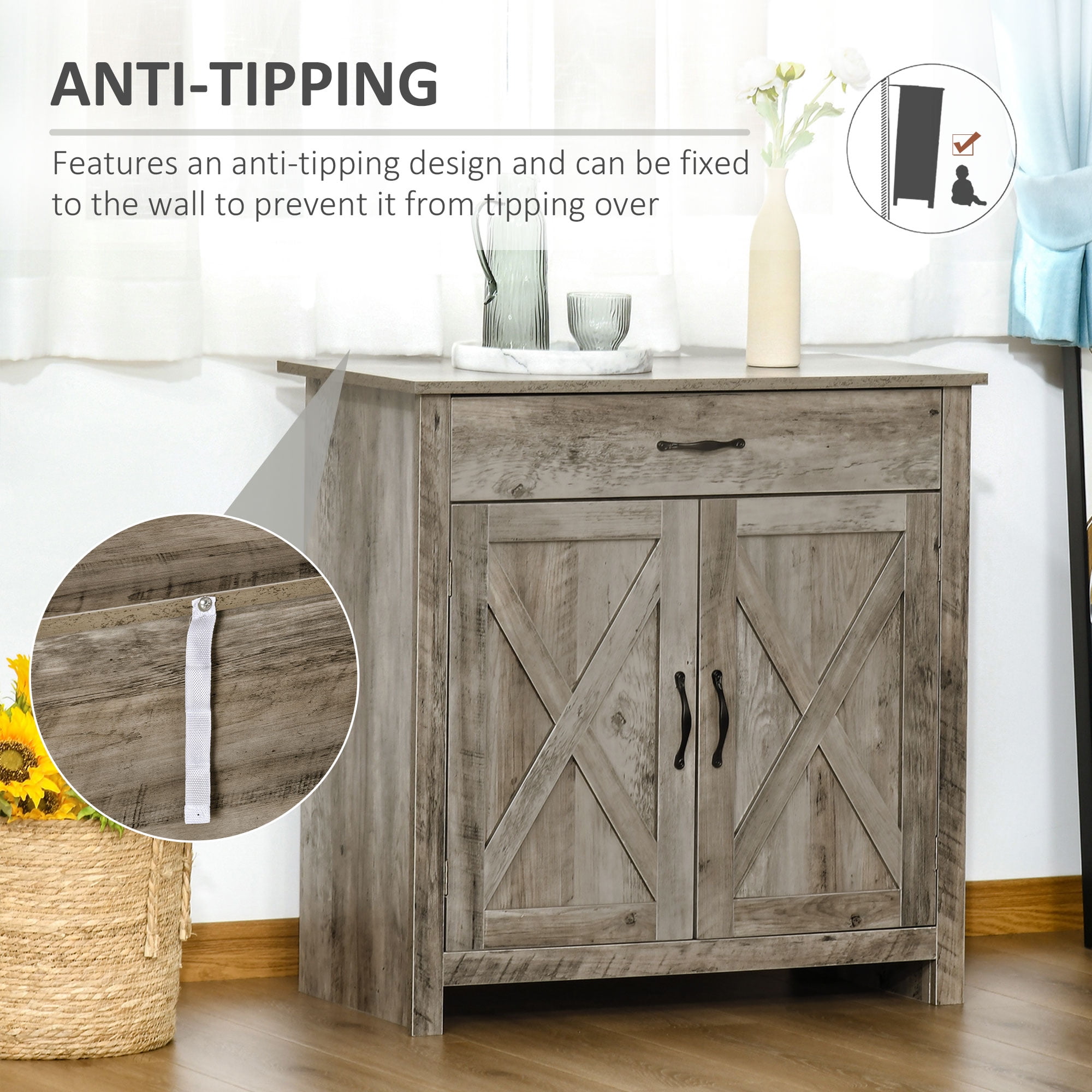 HOQBN Farmhouse Sideboard Buffet Cabinet, Barn Door Coffee Bar Cabinet with Drawer and Adjustable Shelf for Kitchen, Living Room, Entryway, Gray