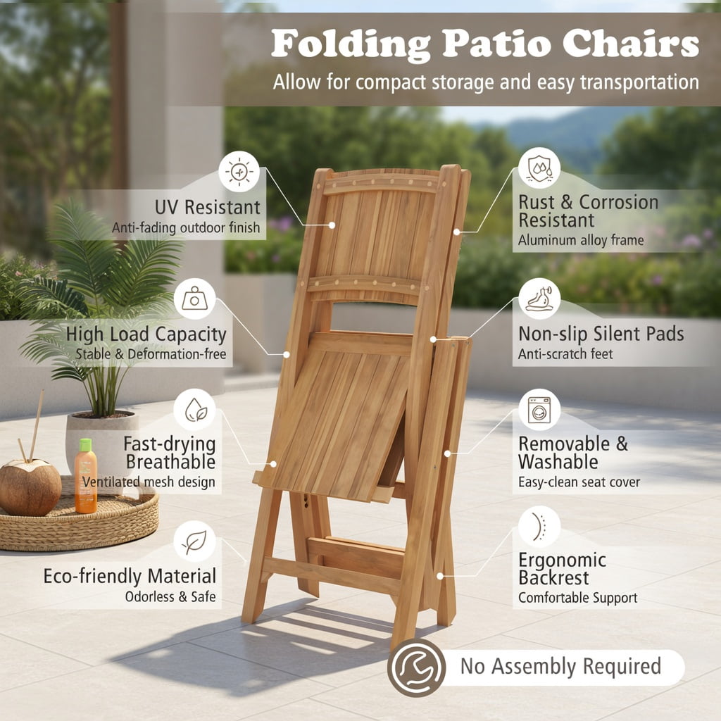Hommoo 2-Pack Teak Wood Outdoor Dining Chairs, Foldable Slatted Seat, Ergonomic 105° Backrest, No Assembly Required for Patio, Porch & Garden, Natural