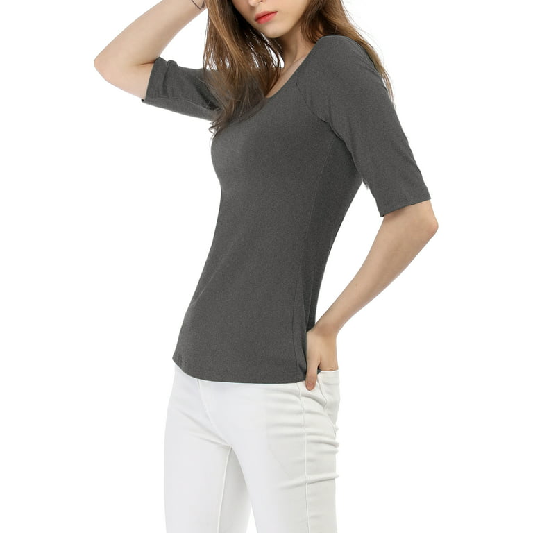 Allegra K Women Half Sleeves Slim Scoop Neck Top T-Shirt