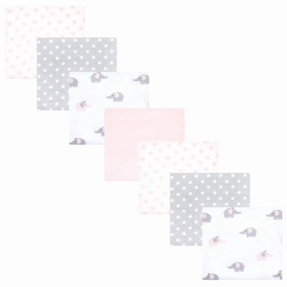 Hudson Baby Infant Girl Cotton Flannel Receiving Blankets Bundle, Pink Gray Elephant, One Size
