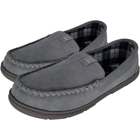 

LIFE IS GOOD Men s Plain Toe Moccasin House Shoes 302792M - Suede Close Back Indoor/Outdoor Slip-Ons - Comfy & Durable Loafers with Cushioned Footbed & TPR Outsoles Seal Grey/Plaid - Size 12