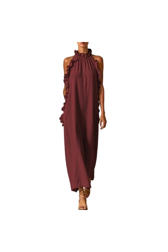 Women's Ruffle Halter Neck Dresses Sleeveless Relaxed Flowy Solid Long Dress Casual Summer Vacation Beach Sundress Red XXL