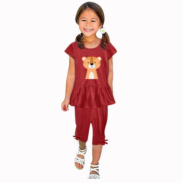 Shirts for Girls, Girls Summer Round Neck Small Print Short Sleeved Flying Sleeves Elastic Waist Cropped Pants Two-piece Set