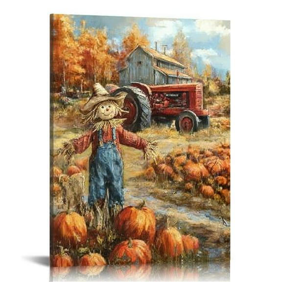 GooTPa Farmhouse Fall Canvas Wall Art, Pumpkin Patch Scarecrow Harvest Canvas Prints Wall Art for Living Room Bathroom Bedroom Office, Art Print Painting for Home Decorations - 12x16in