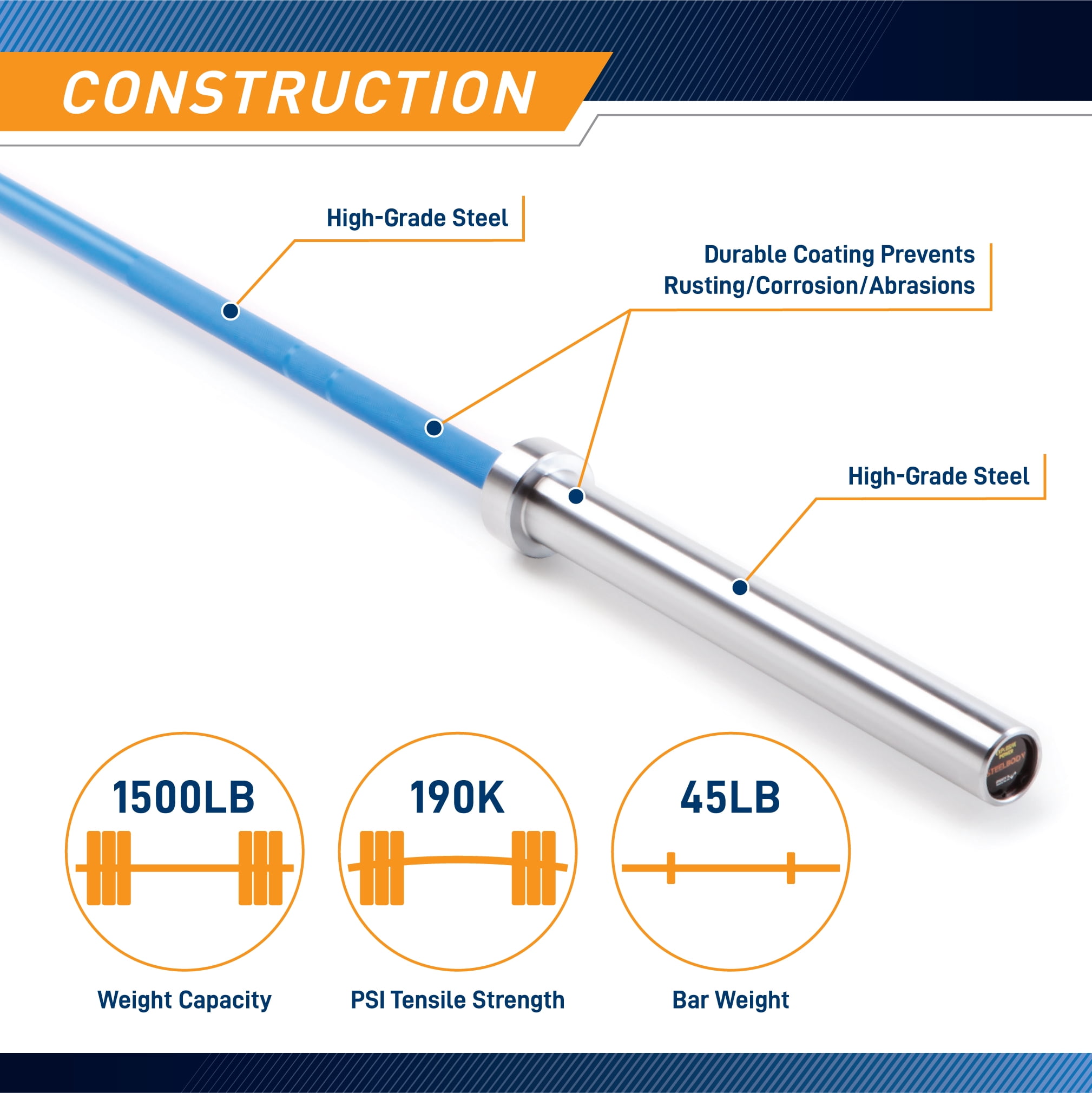 SteelBody by Marcy Blue Chrome 45lb Olympic Barbell STB-1501BLC