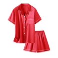 thumbnail image 1 of Pyjama en Satin pour Filles, 2 Pcs Pyjama en Soie à Manches Courtes, Rouge, 7-8 Ans Tag 140, 1 of 1