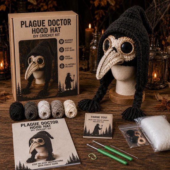 Halloween Hood Hat DIY Crochet Kit 4 Spooky Character Designs, Beginner Friendly Wearable Costume Craft with Yarn Tools
