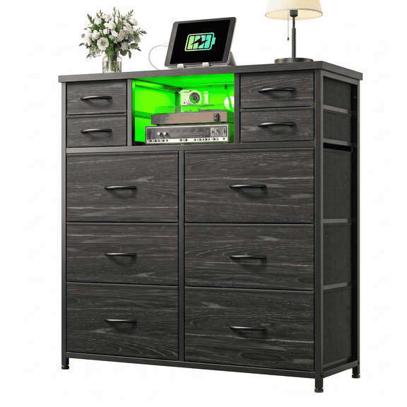melmine Black Tall Dresser for Bedroom with Charging Station & LED Lights 10 Fabric Drawer Modern Chest for Living Room