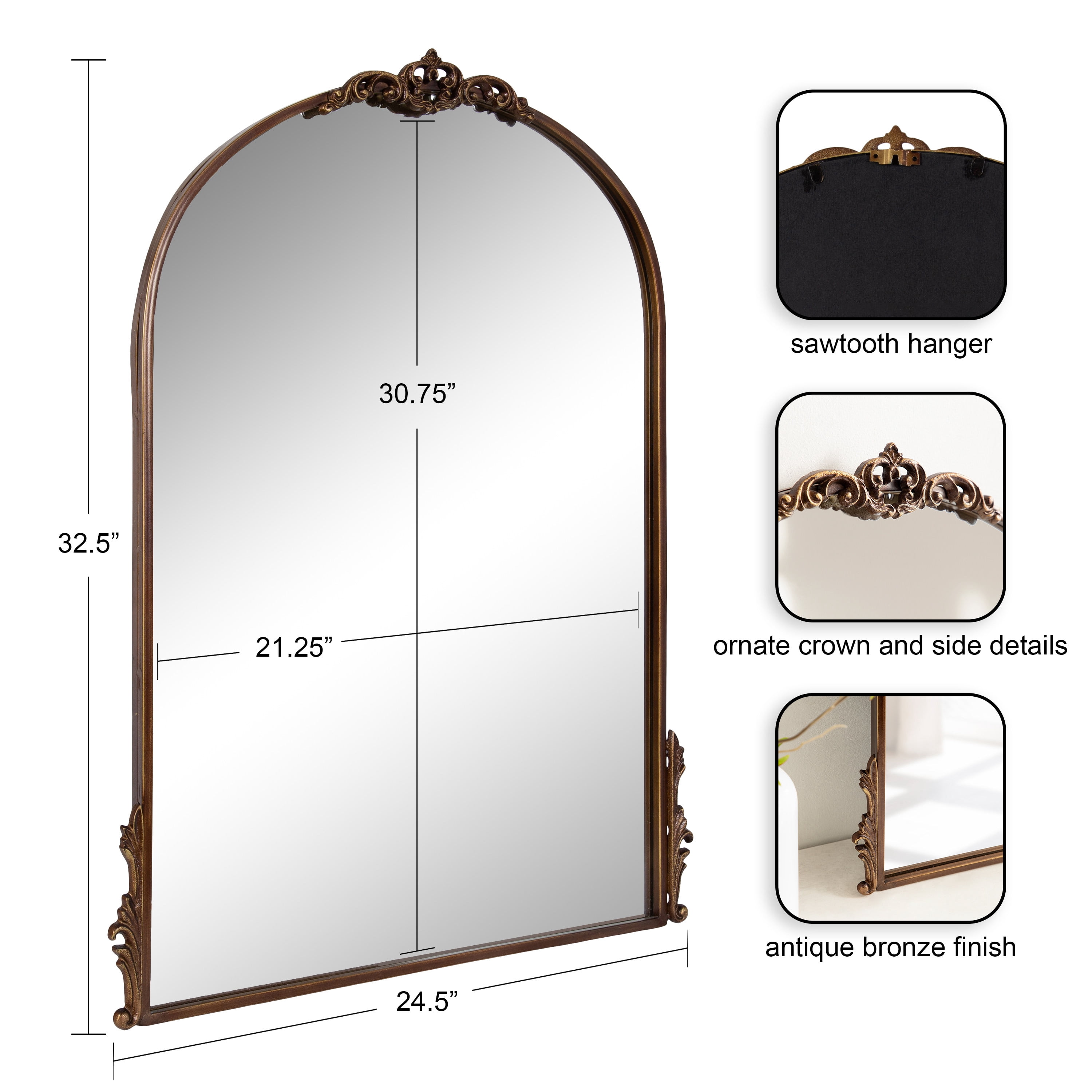 Kate & Laurel Myrcelle Traditional Arched Wall Mirror - 25x33 Black Ornate Vintage Decorative Mirror