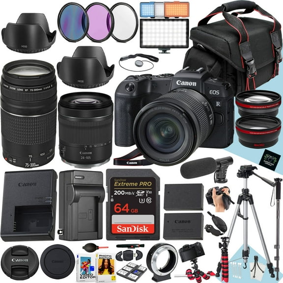 Canon EOS RP Mirrorless Camera With RF 24-105mm STM Lens And EF 75-300mm f/4-5.6 III Lens   64 GB Memory   LED Light   Microphone   Extra Battery   Filters   More (International Version)