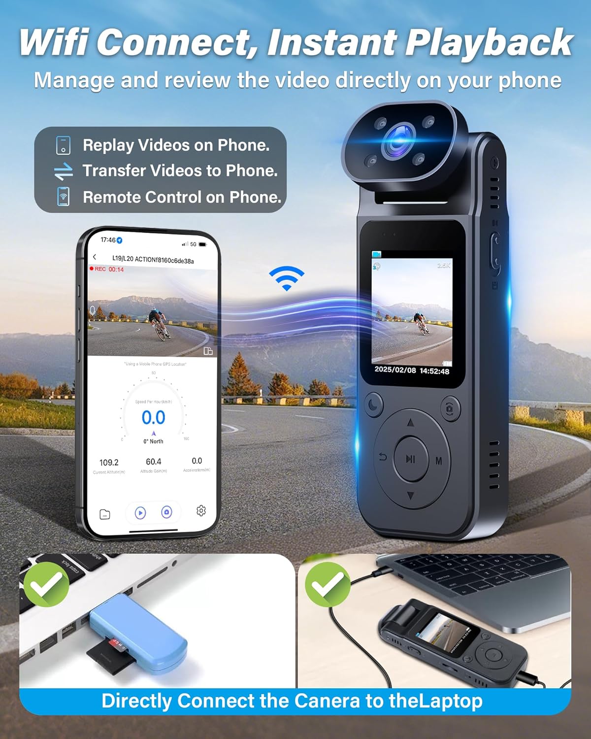 MUSICOZY WiFi Body Camera 2.5K Mini Body Cam with Audio and Video Recording, Portable HD Bodycam with 180° Rotation, 180° IR Night Vision, Personal Magnetic Pocket Camera for Travel, Motion Detection