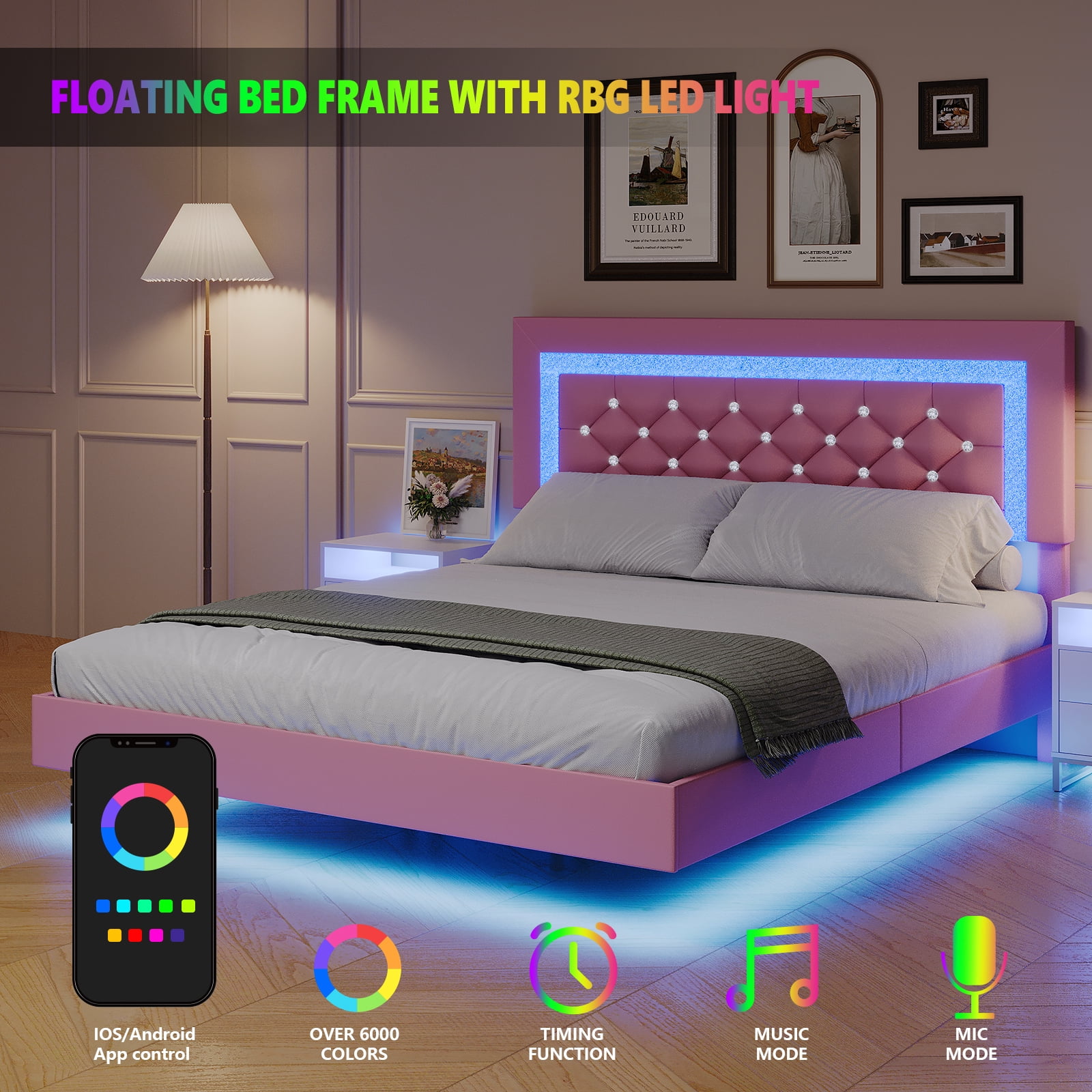 4 EVER WINNER Twin Size Floating Bed Frame with LED Lights, Upholstered Platform Bed Frame with Diamond Tufted Headboard, Pink Twin Size Bed Frame, Pink
