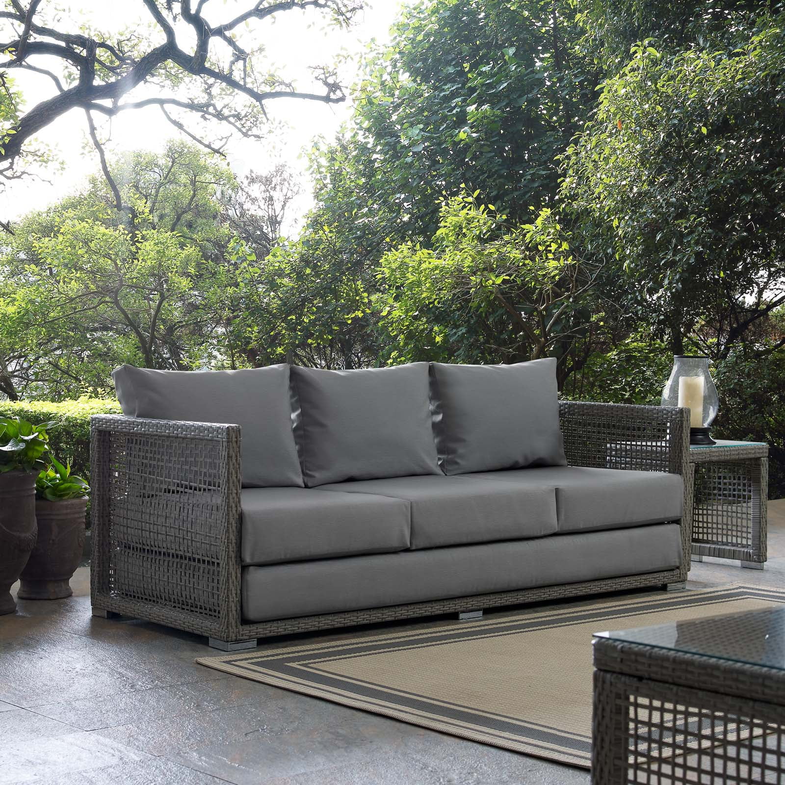 Modway Aura Outdoor Patio Wicker Rattan Sofa in Gray Gray