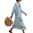 thumbnail image 3 of Xixirimido Jellyfish Corals Blue Print Women Linen Dresses 3/4 Sleeve V Neck Loose Dress for Women Casual A-Line Midi Beach Dress for Spring Summer S, 3 of 6