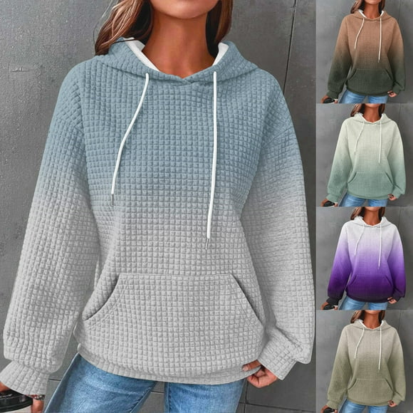 DDAPJ pyju Womens Waffle Knit Hoodies 2024 Trendy Gradient Printed Hooded Sweatshirt Lightweight Drawstring Hoodies Loose Casual Textured Sweatshirts with Kangaroo Pocket Deals of The Day Purple M