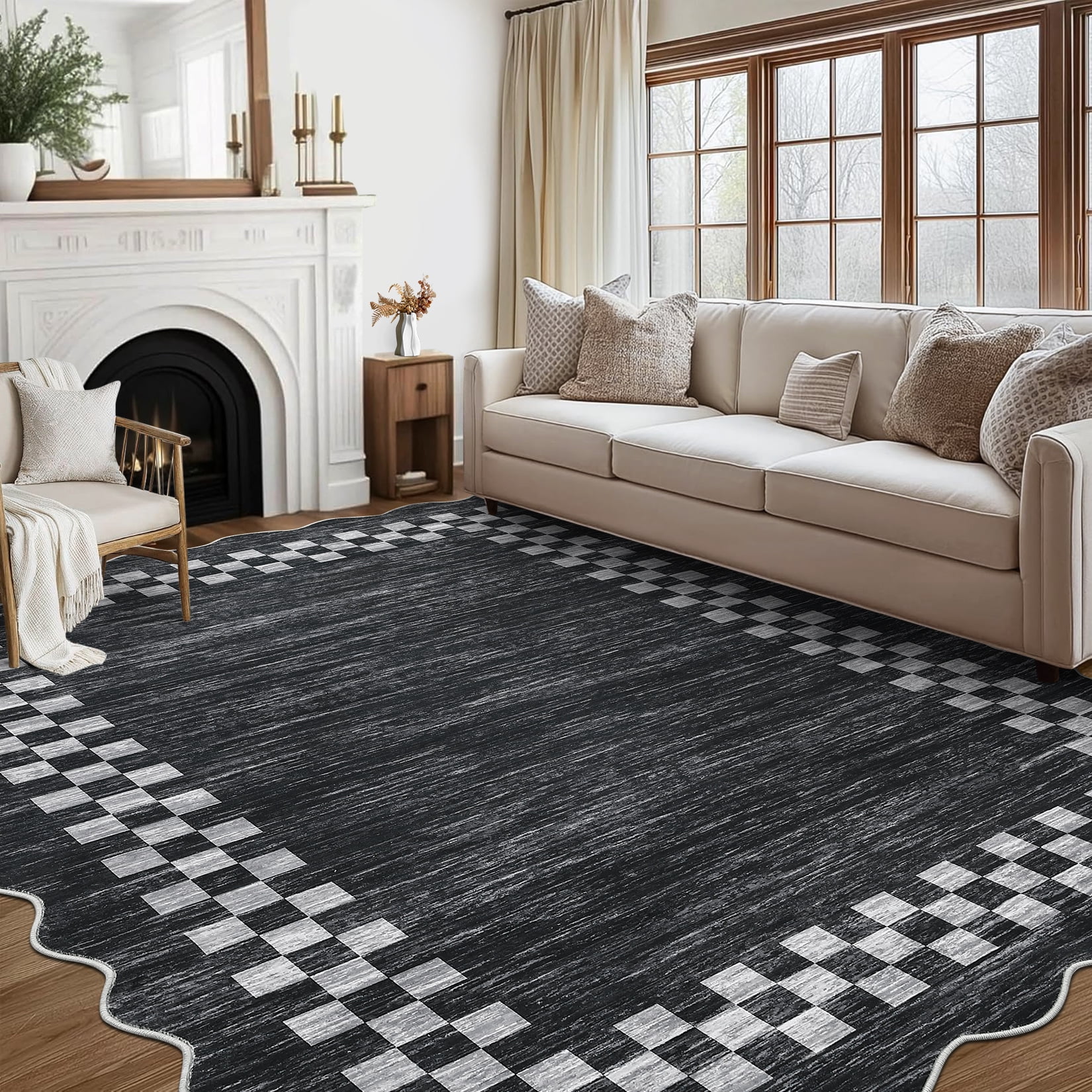 HOMERRY Area Rug 4' x 6' Rugs for Living Room Modern Washable Indoor Scalloped Border Plaid Carpet, Gray/Black