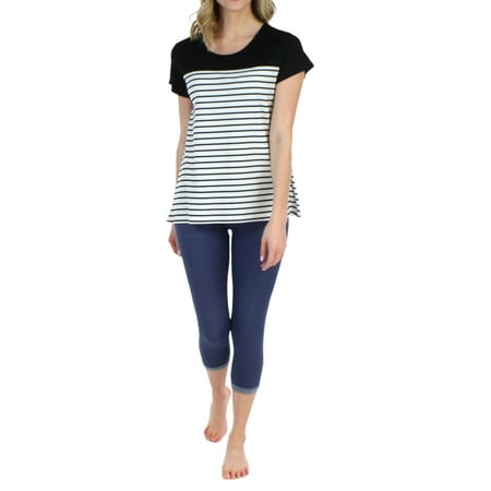 Wear Capri Leggings - Frankie & Johnny Women's Sleepwear Short Sleeve Tee and Soft Denim Capri Leggings Pajama Set