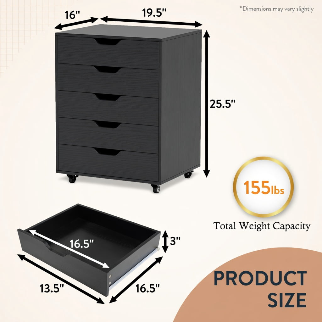 Demi Bonn 5 Drawer Mobile Lateral Filing Cabinet Storage Home Office Floor Cabinet with 4 Wheels, Black