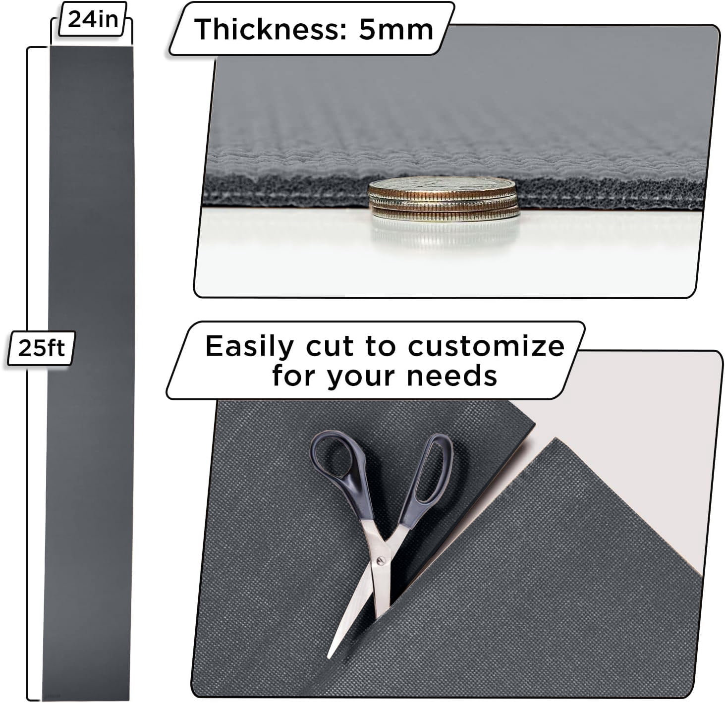 Grippety Slip-Resistant Floor Mat Roll & Yoga Mat – 25ft x 24" x 5mm – Cut-to-Fit Hallway Runner, Kitchen Mat, Drawer Liner, Shelf Liner, Bench Mat, Washable Pet Crate Pad, Cabinet Liner – Charcoal