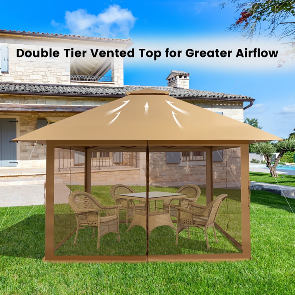 Aimee Lii 13 x 13 Feet Pop-up Instant Canopy Tent with Mesh Sidewall, Backyard Canopy Gazebo for Party Camping BBQ Events, Coffee
