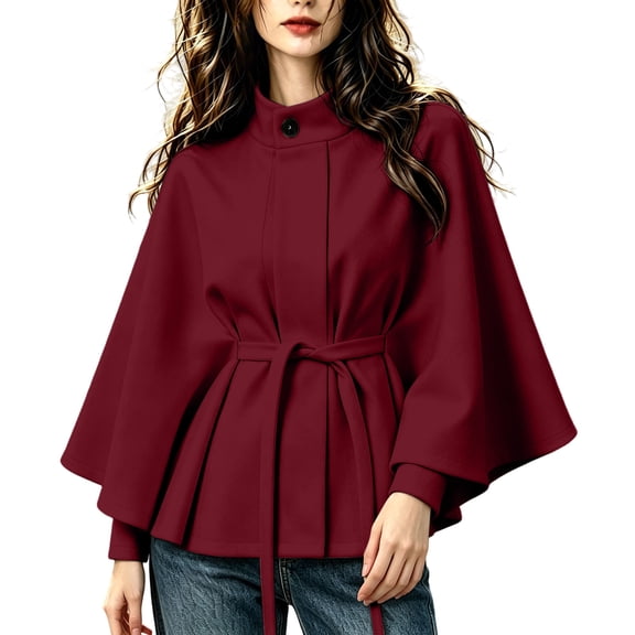 Women's Stand Collar Cape Coat Elegant Belted Wool Blend Jacket Loose Fit Outerwear for Fall Winter (XL, Red)