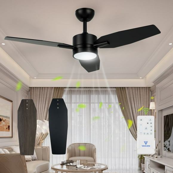 Vagizm Ventilador de Techo de 42 Pulgadas con Luz - Ventilador de Techo Moderno de 3 Aspas para Sala de Estar y Recámara - Motor CC Silencioso - 3 Cct - 6 Velocidades - Regulable - Función Reversible - Negro
