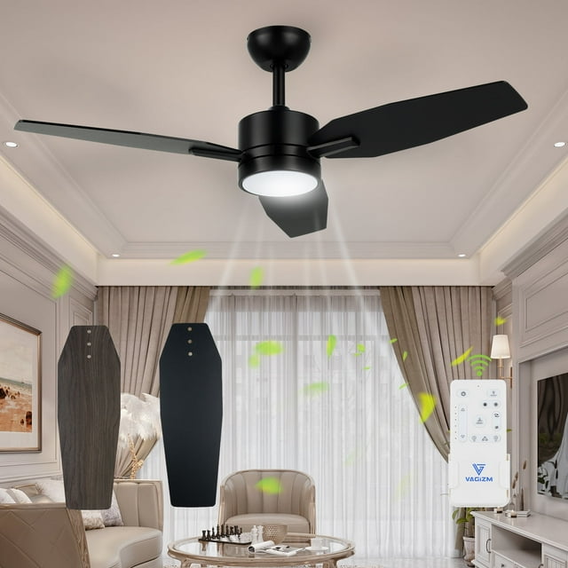 Vagizm Ventilador de Techo de 42 Pulgadas con Luz - Ventilador de Techo Moderno de 3 Aspas para Sala de Estar y Recámara - Motor CC Silencioso - 3 Cct - 6 Velocidades - Regulable - Función Reversible - Negro