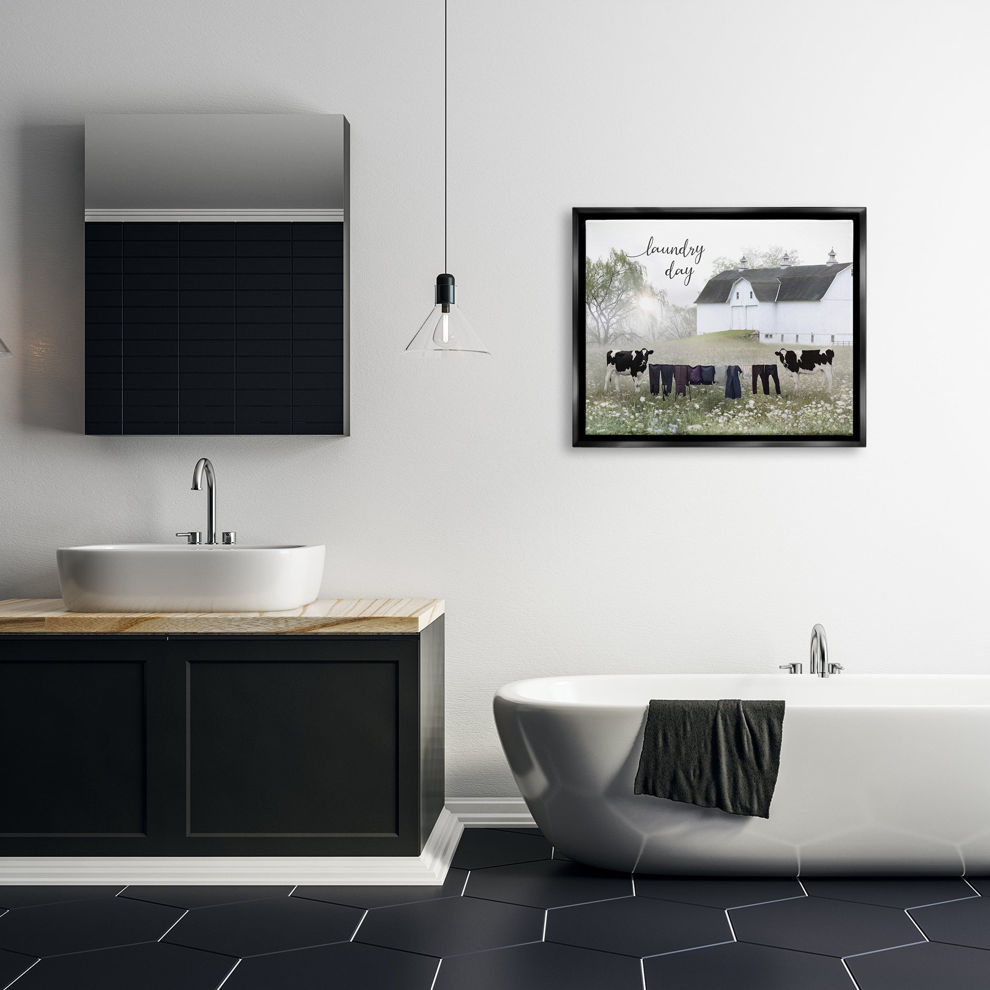 Stupell Laundry Day Rural Cows Meadow Nature Painting Black Floater Framed Art Print Wall Art