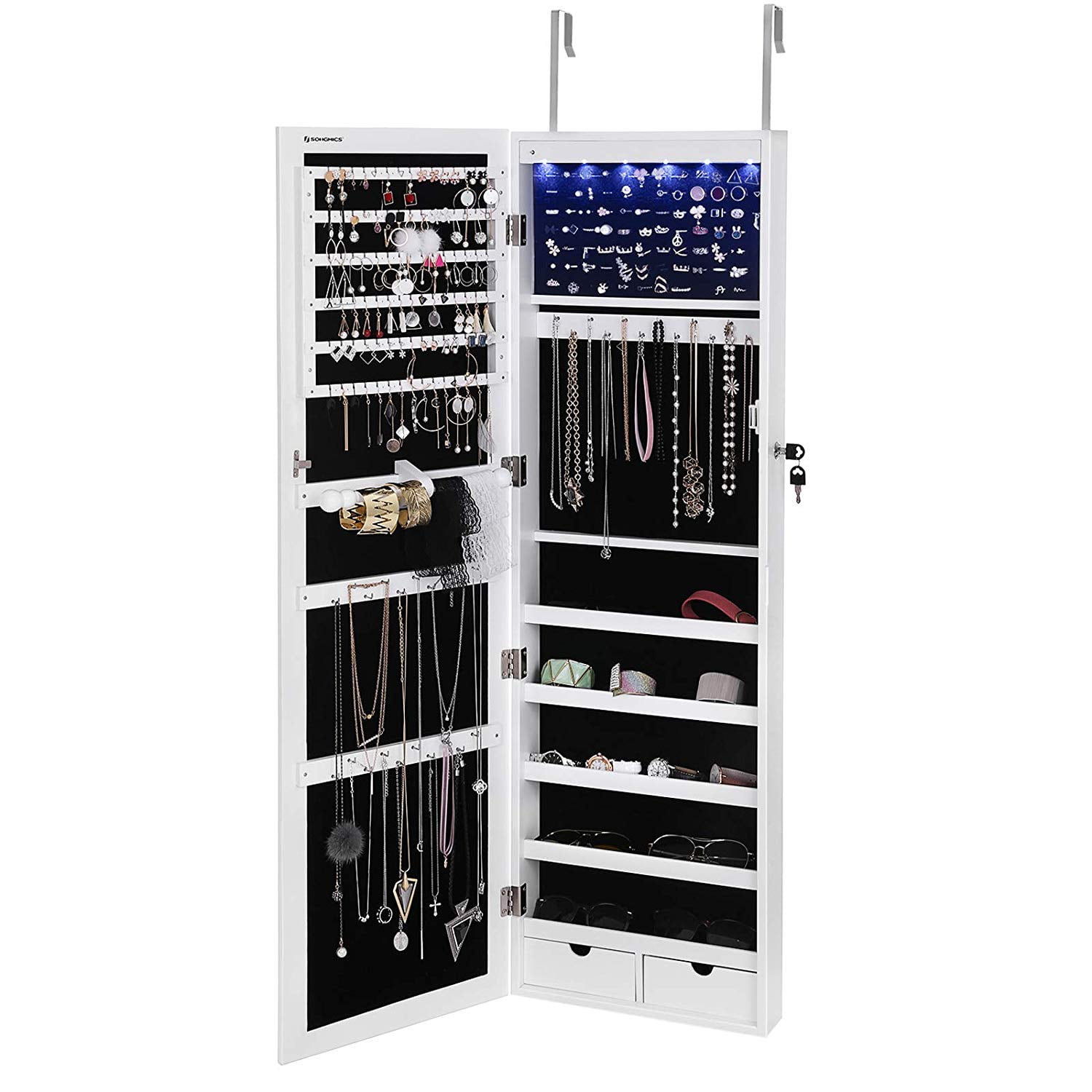 SONGMICS 6 LEDs Jewelry Cabinet Lockable Wall Door Mounted Jewelry Armoire Organ 