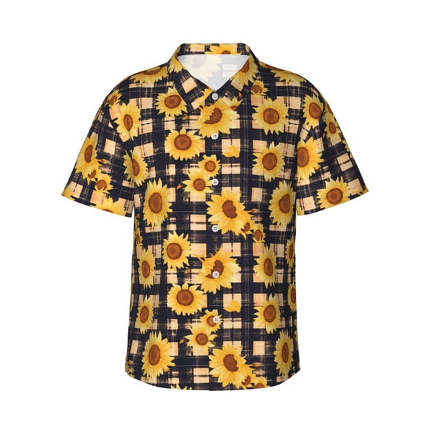 Balery Vintage Black White Plaid Sunflowe Camisas hawaianas de manga corta para hombre, camisas playeras de corte holgado, camisas de vacaciones con botones,XX-Large