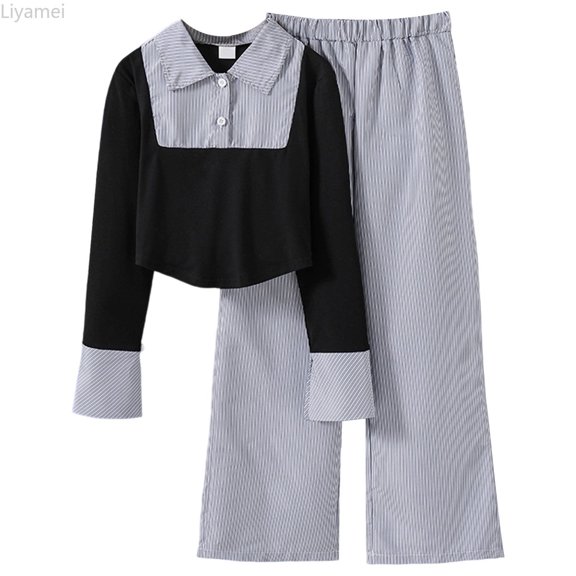 Liyamei Girls' Outfit Spring/Summer Fashionable Color Striped Style Retro Long Sleeved Top And Wide Leg Pants. Suitable For 8 13 Years Old. Girls Casual Sets Size Black 8-9 Years