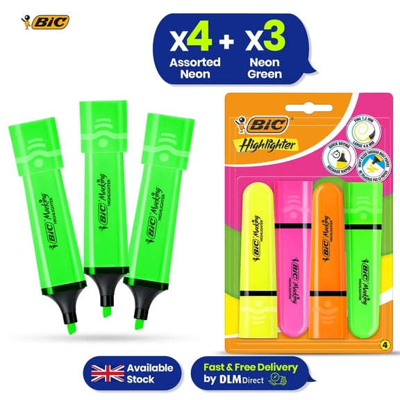 BIC Highlighter Flat Marker Neon Green Pack of 3 & 4x Assorted Chisel Tip Quick Dry