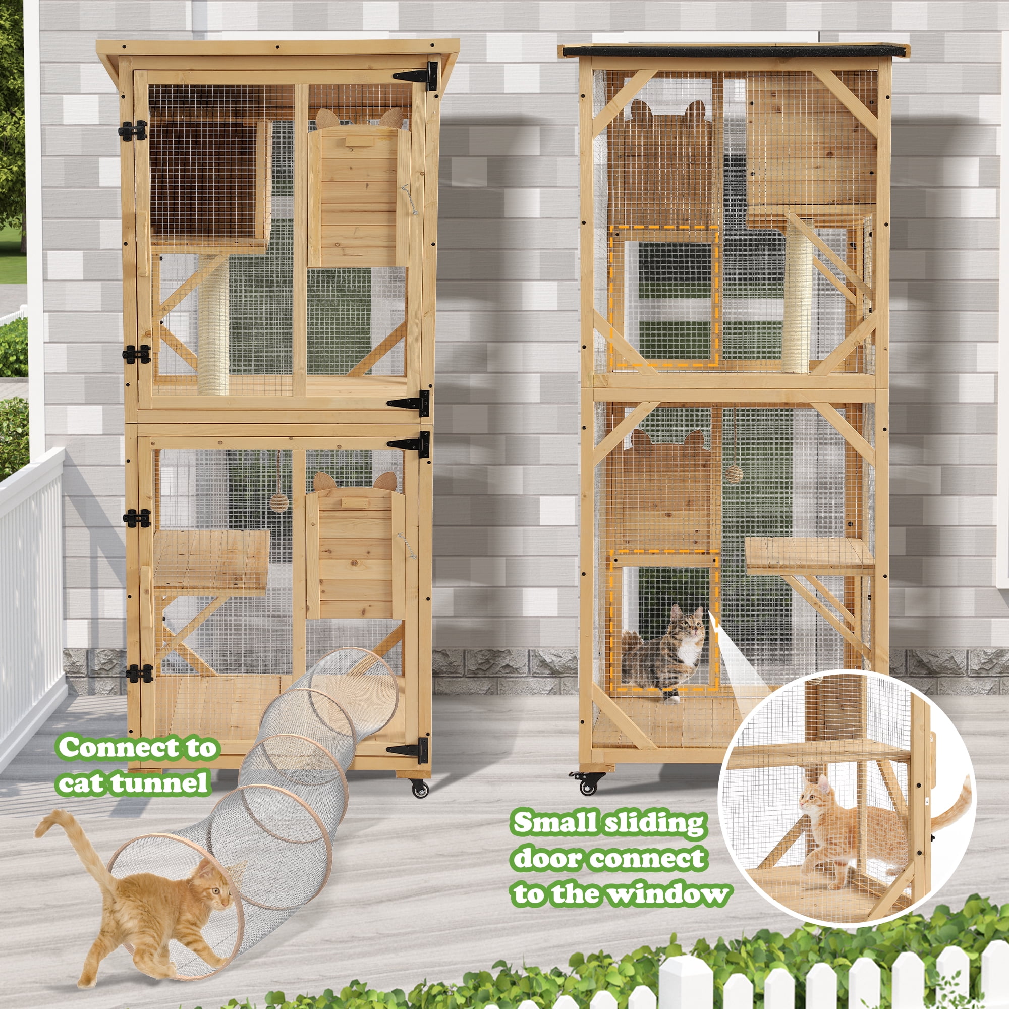 Magic Union Catio Outdoor Cat Enclosure, 4 Tiers Cat House with Waterproof Roof, Indoor Cat Cage with Wheels and Removable Floor, Large Outside Wood Cattio Kitty with Resting Box (Natural)