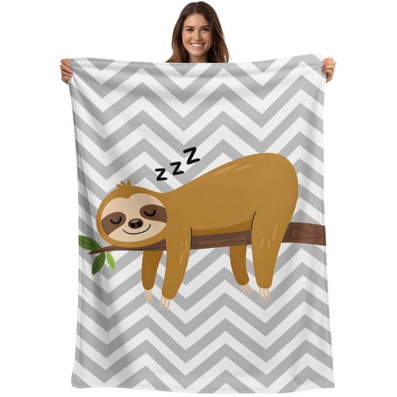 Funny Sloth Blanket Soft Cozy Warm Throw Blanket for Couch, Plush Fuzzy Flannel Fleece Blankets for Sofa, Cute Watercolor Animals on Branch Grey Stripe Bed Blankets Lightweight Gifts for Men, 40"x60"