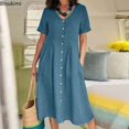 thumbnail image 4 of JUNWELL Nouveau 2024 Femmes Casual Coton Lin Robe Oversize Solide Manches Courtes V-Cou Bouton Robe avant Élégante Chemise Robe 5XL, 4 of 7