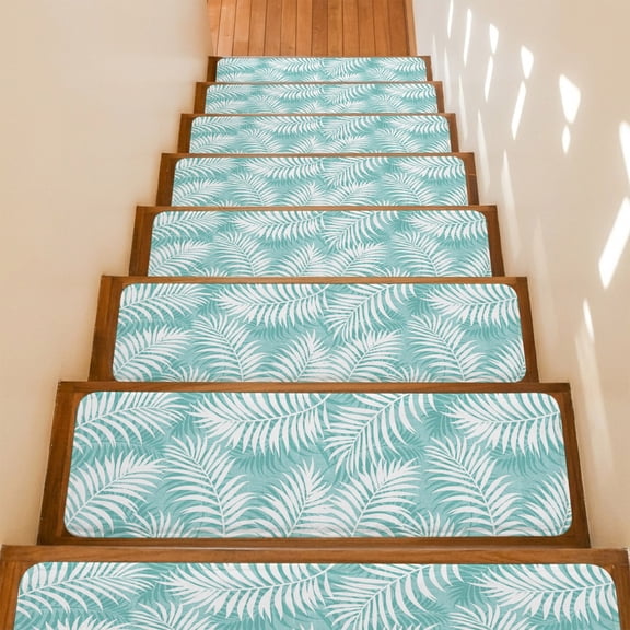 Summer Teal Palm Stair Treads Non Slip for Steps Bohemian Country Watercolor Teal Leaf Abstract Stripe 4 Pcs Reusable Adhesive Stair Runner Mats for Dogs Elders Treads Rugs for Staircase 8x30 In