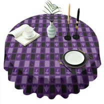Halloween Purple Checkered Ghosts and Icons Round Tablecloth 60"x60",Wrinkle Wipeable Table Cloth for Kitchen Dining Room Picnic Patio Party