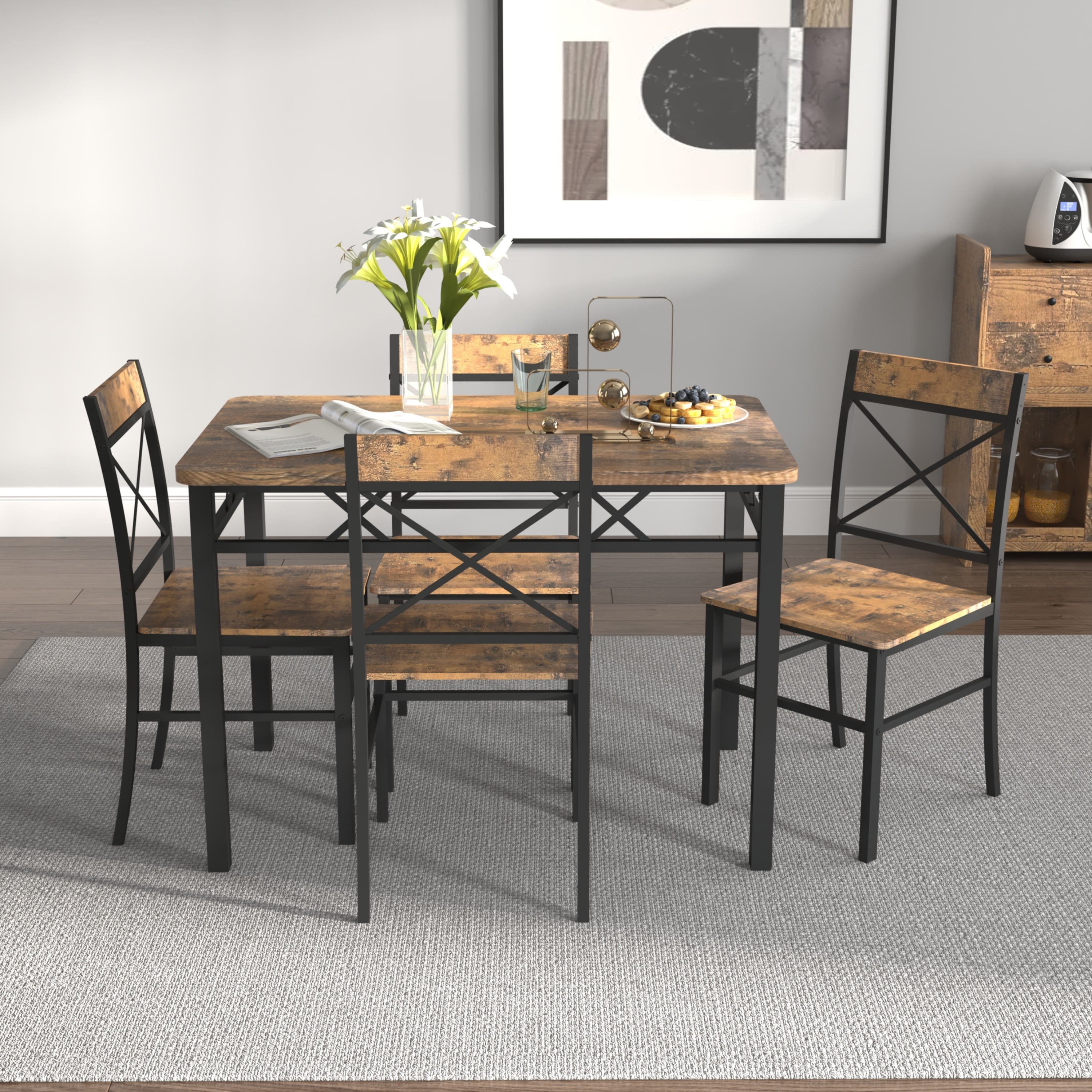 Aukfa Dining Table Set for 4, Wood Kitchen Table with Dinning Chair for Small Space, Brown