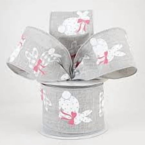 Patterned Bunnies on Royal Wired Ribbon, Light Grey, White, Pink, Easter - 2.5 inches X 10 Yards (30 feet)