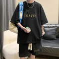 thumbnail image 2 of Chándal informal de moda de gran tamaño de verano, traje holgado para correr con diseño de gofre, camiseta holgada de manga corta y pantalones cortos deportivos, conjunto de 2 piezas para hombre, 2 of 5