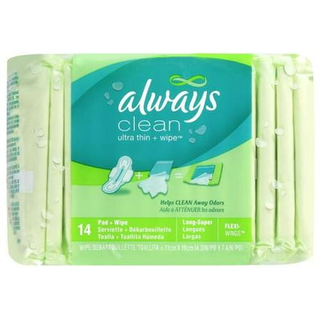 Always: Pad+Wipe/Long/Super/Flexi-Wings Always Clean Ultra Thin & Wipe, 14 ea
