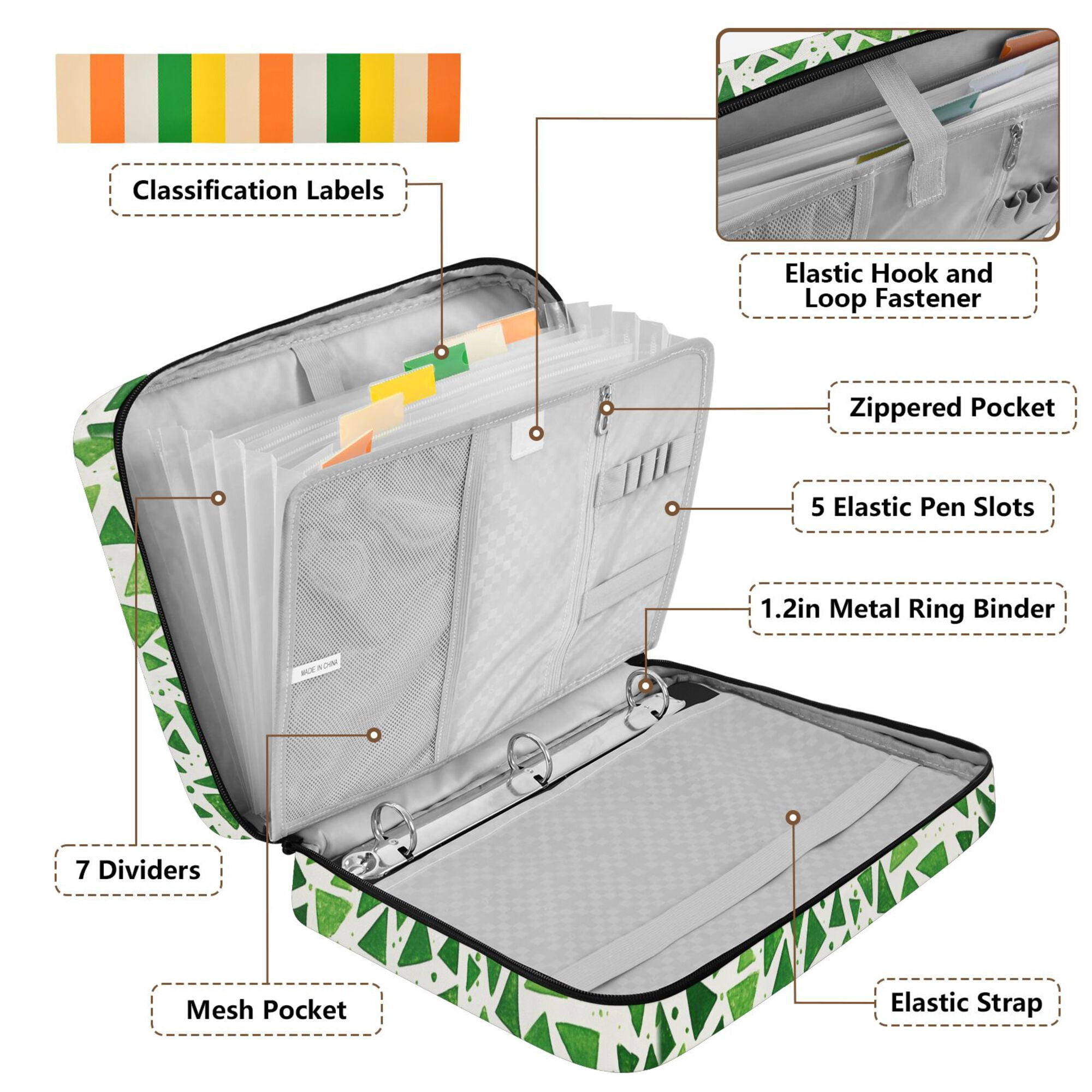 FORMRS Accordion File Folder A4 Size 7-Pocket Expanding Document Organizer Bag with 3 Ring Binder, Green Dot Triangles Pattern