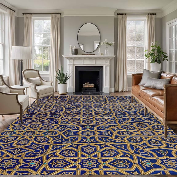 Large Area Rugs for Living Room Bedroom, Vintage Mediterranean 8'x10' Rug Washable Carpet Runner Indoor Outdoor, Retro Morocco Abstract Art Brown Blue Non Slip Floor Mats Rug for Kitchen, Patio