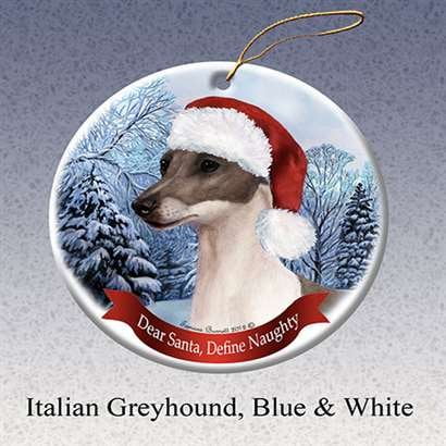 Christmas Witch Italy Holiday Pet Gifts Italian Greyhound, Blue and White Santa Hat Dog Porcelain Christmas Tree Ornament ()