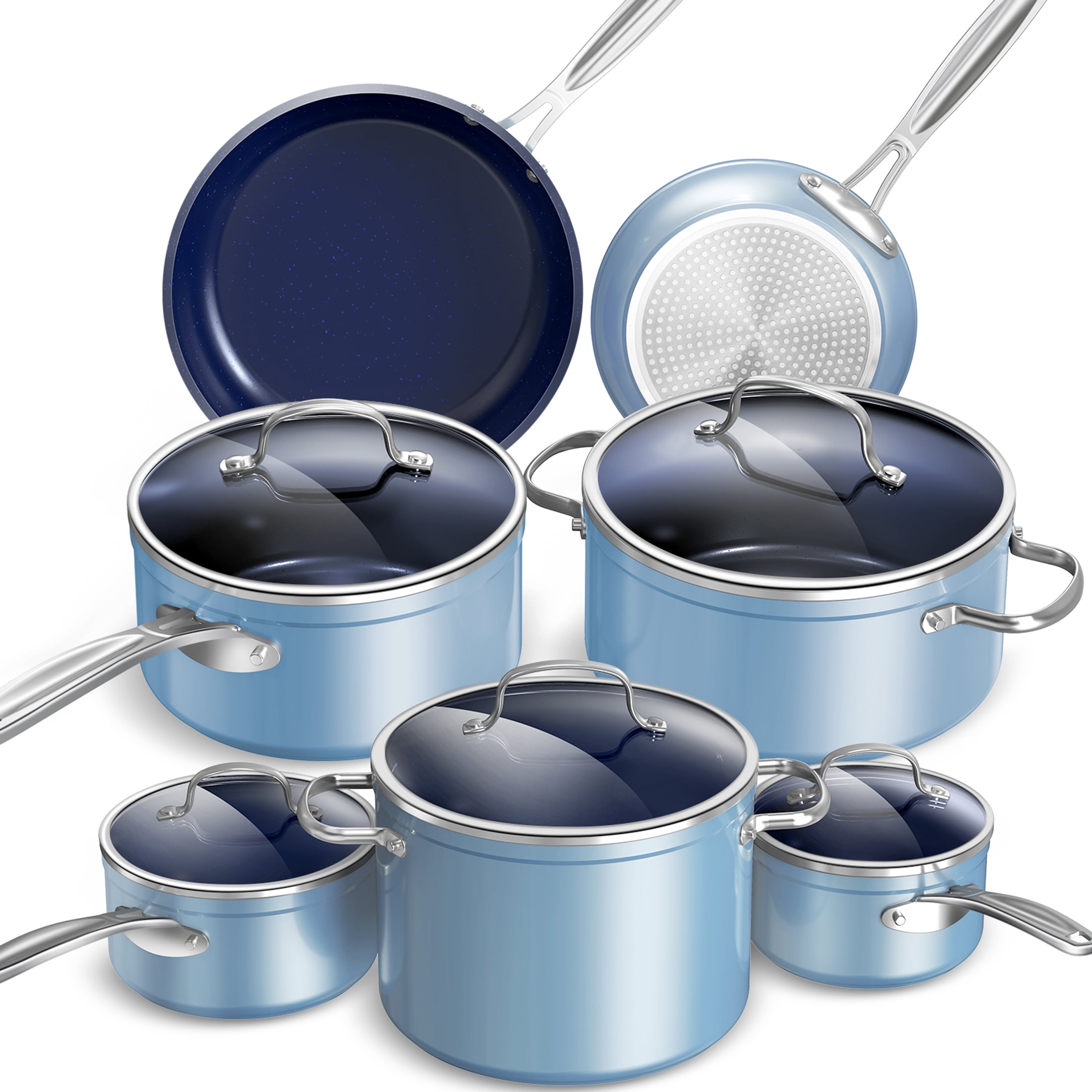 NuWave 12pc Pots and Pans Set Nonstick, Lightweight Cookware Set works on All Cooktops, Blue