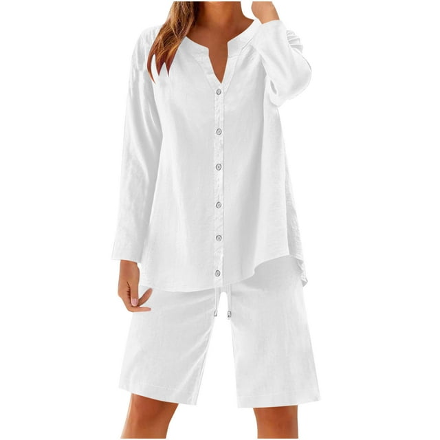 UAMVSH Women Button down Two Piece Sets Plus Size Cotton Linen Long Sleeve Shirts and Drawstring Bermuda Shorts Beach Outfits(Medium,White 1)