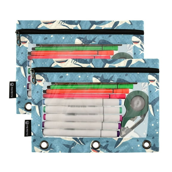 2 Pack Pencil Pouch for 3 Ring Binder Smooth Zipper Folders with Pockets Clear Window Pencil Case Cute Cartoon Sharks